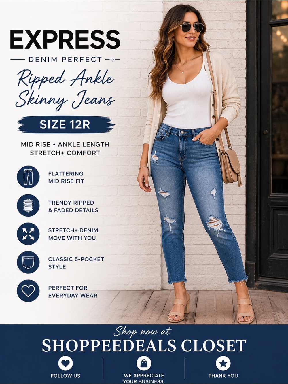 Express Mid Rise Denim Perfect Ripped Ankle Skinny Jeans – Women’s Size 12R